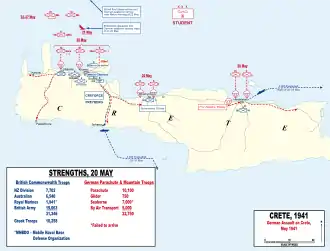 A colour map giving the overall Allied dispositions on Crete and the overall German plan of attack