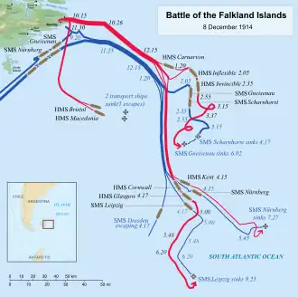 The German ships approached the islands from the south before turning back to the south to try to escape, but each ship was chased down and sunk save one.