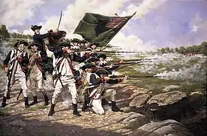 Continental infantry firing a volley kneeling behind a stone wall, their captain standing with a sword; their flag has a dark green field with a canton of thirteen alternating red and white stripes.