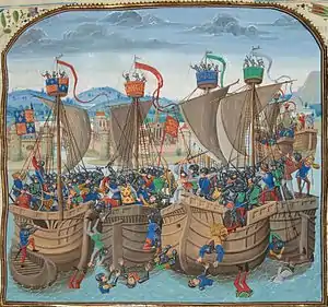 A colourful Medieval depiction of a naval battle