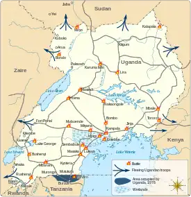 Map of Uganda showing the locations of major battles