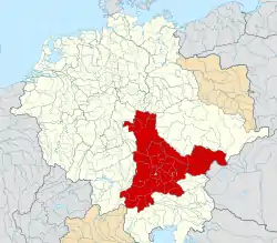 Duchy of Bavaria (red, including Austria) within the Holy Roman Empire circa 1000.