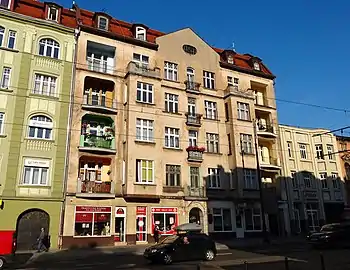 Tenement at 75 Dworcowa Street (1911–1912). Andrzej Schwalbe, the first director of Pomeranian Philharmonic from 1953 to 1991, lived there.