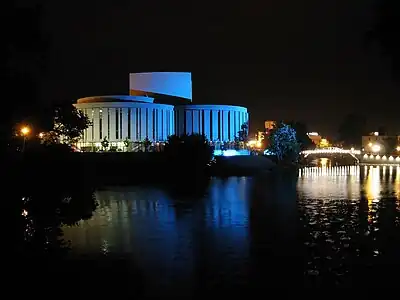 By night, viewed from Mill Island