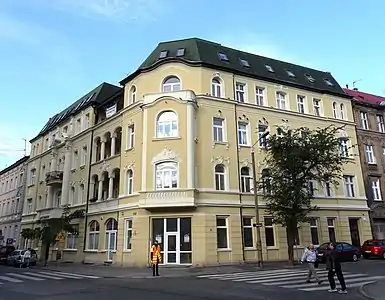 Corner view of both facades