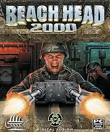 A helmeted soldier firing a large mounted gun from inside a fortification, in the background another helmeted soldier covers his ears, the title "Beach Head 2000" is above in large block letters.