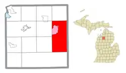 Location within Kalkaska County (red) and the administered community of Bear Lake (pink)