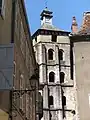 The belfry of the abbey church in Beaulieu-sur-Dordogne.