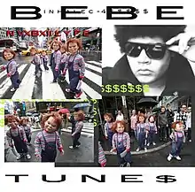 On the top and bottom of the cover is the name of the BEBETUNE$ project in black behind a white background. On the top is the mixtape title hiding behind "BEBE". In the middle of the cover, three photos of chucky dolls on the city streets are on the top left, bottom left and bottom right, while a picture of James Ferraro in a black suit, sunglasses and green dollar signs symbols in front of him is on the top right