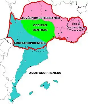 Supradialectal classification of Occitan according to P. Bec