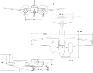 3-view line drawing of the Beechcraft L-23A Seminole