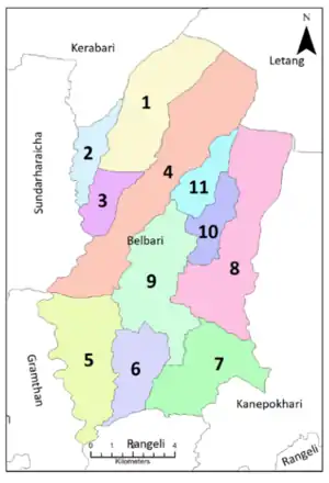 Map of the village development committees in 
Morang District