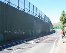 The peace line along Cupar Way in Belfast, seen from the predominantly Protestant side