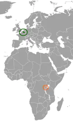 Map indicating locations of Belgium and Rwanda