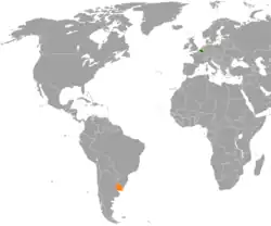 Map indicating locations of Belgium and Uruguay