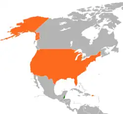 Map indicating locations of Belize and USA