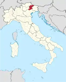 Map highlighting the location of the province of Belluno in Italy