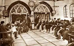 Jews in 'Ben Zakai' house of prayer, Jerusalem, 1893.