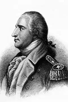 A head and shoulders profile engraving of Arnold.  He is facing left, wearing a uniform with two stars on the shoulder epaulet. His hair is tied back.