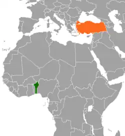 Map indicating locations of Benin and Turkey