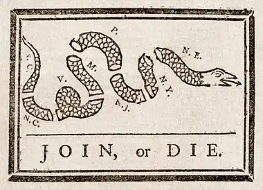 Image 48Join, or Die, a political cartoon attributed to Benjamin Franklin, was used to encourage the Thirteen Colonies to unite against British colonial rule. (from American Revolution)