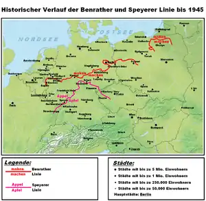 The Speyer line, dividing the Central German dialects from the High Franconian dialects.