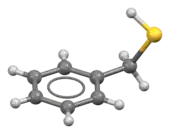 Ball-and-stick model of the benzyl mercaptan molecule