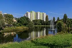 Pond and apartment buildings