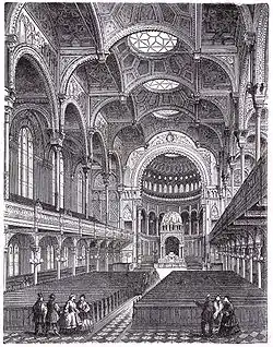 Image 6New Synagogue, BerlinImage credit: Wilhelm Ernst & SohnAn 1896 engraving of the interior of the New Synagogue, Berlin. The synagogue was noted for its Moorish style and resemblance to the Alhambra. During the Kristallnacht pogrom of 1938, the Synagogue was set ablaze. Today the synagogue serves as an exhibit for various aspects of the Holocaust, particularly Kristallnacht.