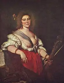 Gambenspielerin (The Viola da gamba Player), by Bernardo Strozzi, c. 1630–1640; portrait is of composer Barbara Strozzi (1619-1677) –  Gemäldegalerie, Dresden.