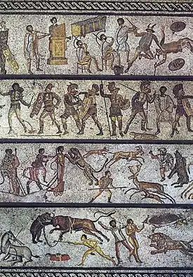 Image 40The Zliten mosaic, from a dining room in present-day Libya, depicts a series of arena scenes: from top, musicians; gladiators; beast fighters; and convicts condemned to the beasts (from Roman Empire)