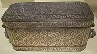 Copper betel nut box with silver inlay