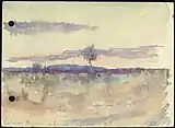 Landscape with blue hills in distance, pink and blue sunset
