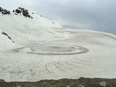 This is Bhrigu lake situated at approx. 14,200 ft (4,300 m) located near Rohtang Pass, Kullu in the Himalayas