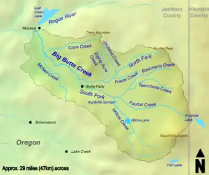 The North Fork begins on Rustler Peak. It flows southwest, then west, gathering many small tributaries. The South Fork begins at the confluence of Rancheria and Twincheria creeks, flowing generally west. One of its main tributaries is Willow Creek, whose headwaters are on Mount McLoughlin. It is impounded by Willow Dam, creating Willow Lake. Big Butte Springs is also located on Willow Creek. The two forks merge at Butte Falls. Big Butte Creek flows northwest until it enters the Rogue River near Lost Creek Lake. The Big Butte Creek watershed is located almost entirely within Jackson County, with a small eastern portion in Klamath County.