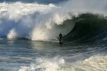 Shoreline wave-breaking (surf); Human riding surfboard.