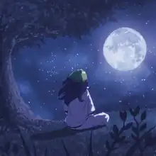 Cover art for "My Future": a cartoon drawing that depicts Billie Eilish sitting on grass as she stares at the night sky and the full moon