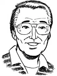 Black and white pen drawing of a middle aged Asian man.