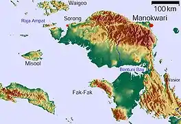 The Vogelkop and Bomberai Peninsulas. West of Bintuni Bay is the Berau Gulf, the 'Dragon's Mouth' of West Papua.