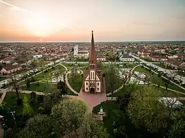 Aerial view of the central park with the Reformed church