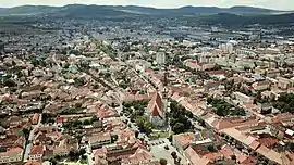 Aerial view over central Bistrița in February 2020