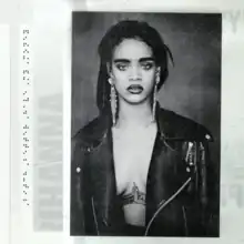 A monochrome image of Rihanna with a jacket. Regular text appears on the background with a cut-off of her name. Text in braille appears on the side reading "Bitch Better Have My Money".