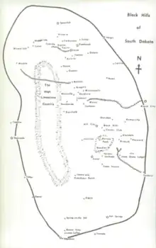 A printed map showing town names and locations in the South Dakota Black Hills.