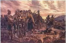 Painting of a rugged group of soldiers gathering their dead and wounded