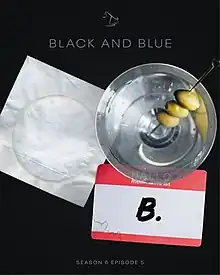 Poster for the episode featuring a martini and German name tag.