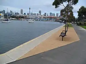 Blackwattle Bay view from end of Cook Street, Glebe Point, across to Sydney Fish Market and Sydney CBD