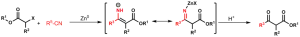 Scheme for the organozinc Blaise reaction, which utilizes an alpha-haloester and a functionalized cyano group