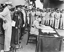 Image 56General Blamey signing the Japanese instrument of surrender on behalf of Australia (from Military history of Australia during World War II)