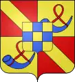 Heraldic shield of the house of Chalon of Orange. The 1st and 4th quarters show the arms of Chalon-Arlay (Gules a bend Or), the 2nd and 3rd the princes of Orange (the bugle). The blue and gold cross is the arms of Jeanne of Geneva, who married one of the Chalon princes.