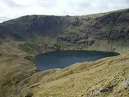 A lake in the hollow of a mountain top